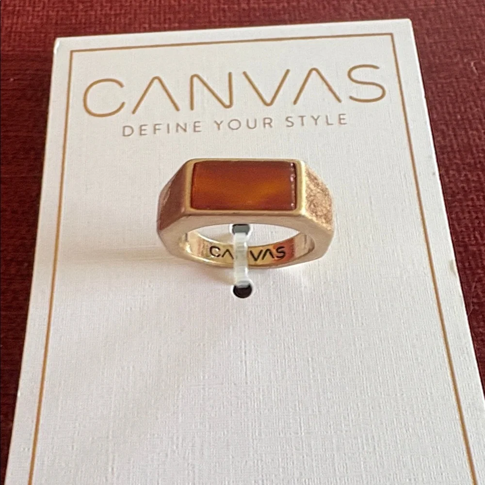 🆕CANVAS: Trendy Gold Tone Rectangular Ring w/ Orange Stone- Men’s size 6.5 to 7